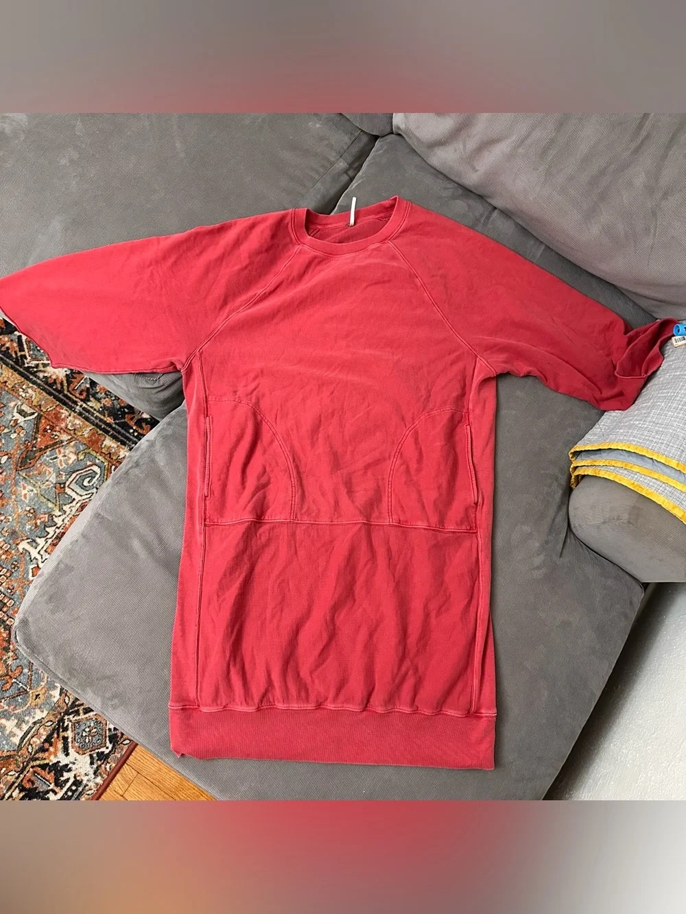 Free People Red Sweatshirt Style Pullover Dress Size Large Pockets Distressed
